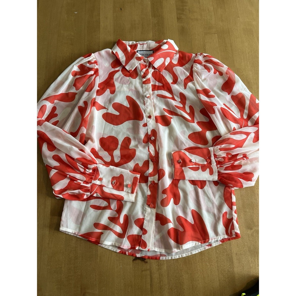Runaway The Label Women's Fleetwood Sheer Blouse Orange Red Botanical Sz XS 02